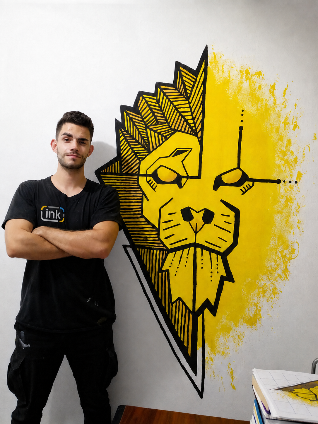 Artista de Ink Pintura junto a un mural de león